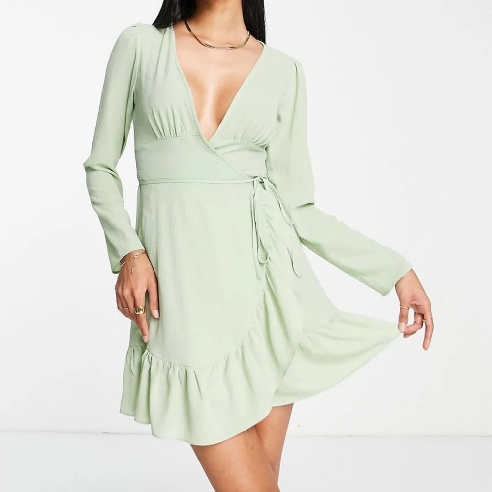 ASOS DESIGN wrap front mini dress in sage green